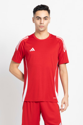 ADIDAS Striped Men Crew Neck Red T-Shirt