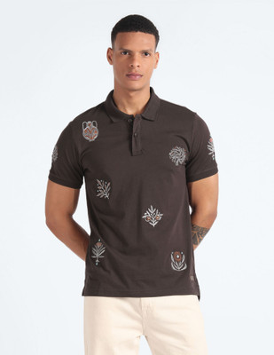 FLYING MACHINE Printed Men Polo Neck Brown T-Shirt