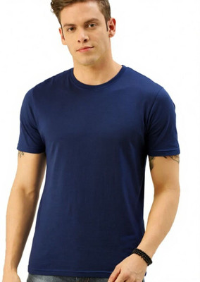 Anything Solid Men Round Neck Navy Blue T-Shirt