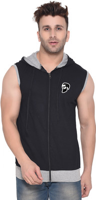 BEYOU FASHION Solid Men Hooded Neck Black T-Shirt