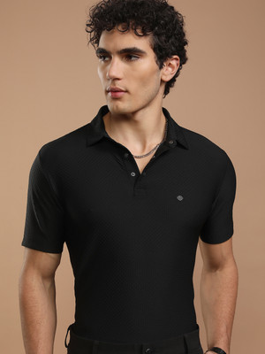 HIGHLANDER Self Design Men Polo Neck Black T-Shirt