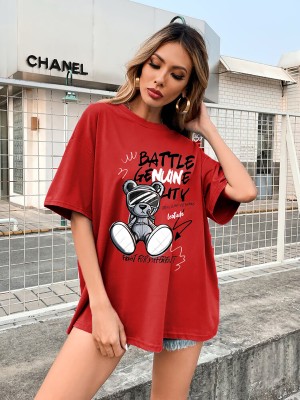 Leotude Printed Women Round Neck Reversible Red T-Shirt