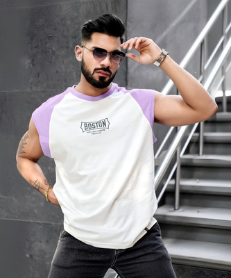 MANIAC Printed Men Round Neck Purple, White T-Shirt