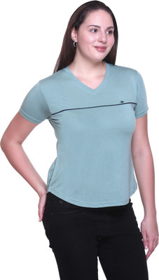 top ten Solid Women V Neck Light Green T-Shirt