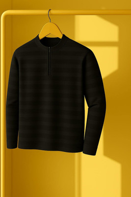 KASPY Striped Men Zip Neck Grey T-Shirt