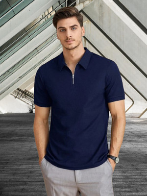 Dark Drive Solid Men Polo Neck Navy Blue T-Shirt