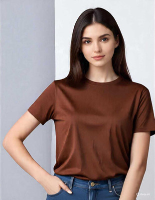 HouseOfCommon Solid Women Round Neck Brown T-Shirt