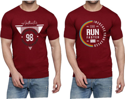 WOOSTRO Printed Men Round Neck Maroon T-Shirt