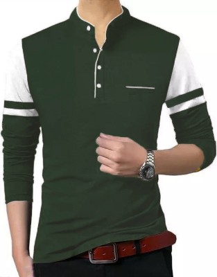 vescor Solid Men Mandarin Collar Dark Green T-Shirt