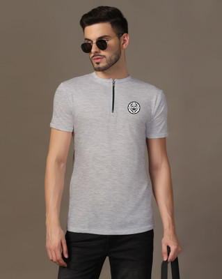 Lawful Casual Printed Men Mandarin Collar Silver T-Shirt