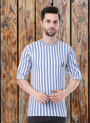 Marc Laurent Striped Men Round Neck Blue, White T-Shirt