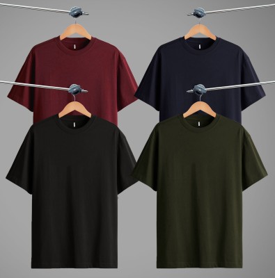 Sleepynuts Solid Men Round Neck Dark Green, Maroon, Black, Navy Blue T-Shirt