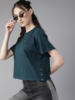 Roadster Solid Women Round Neck White T-Shirt