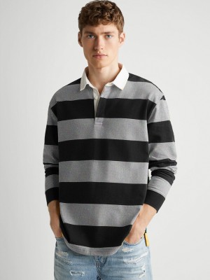 LEWEL Striped Men Polo Neck Grey T-Shirt