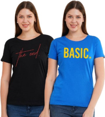 YouthPoi Printed Women Round Neck Black, Dark Blue T-Shirt