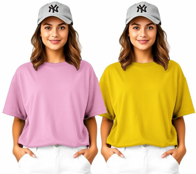 HouseOfCommon Solid Women Round Neck Pink, Yellow T-Shirt