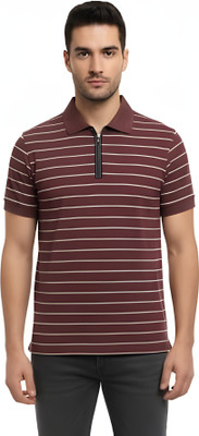 Enigmatic Striped Men Zip Neck Brown T-Shirt