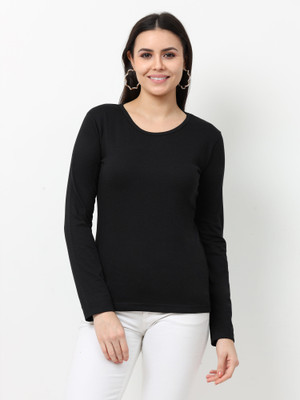 Wafaa Solid Women Round Neck Black T-Shirt