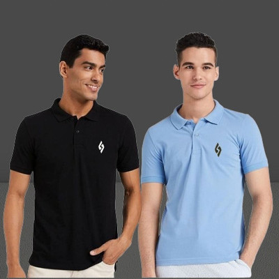 cnw Printed Men Polo Neck Black, Light Blue T-Shirt
