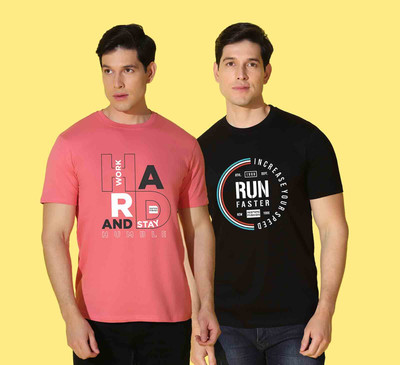 WOOSTRO Typography Men Round Neck Pink, Black T-Shirt