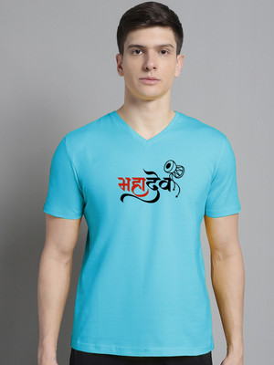 FBAR Typography Men V Neck Light Blue T-Shirt
