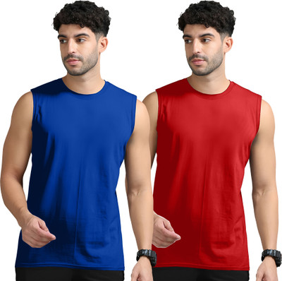 Adorbs Solid Men Round Neck Dark Blue, Red T-Shirt
