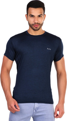 AAPRE Solid Men Round Neck Blue T-Shirt