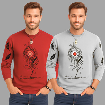 LILBITS Printed Men Round Neck Red, Grey T-Shirt