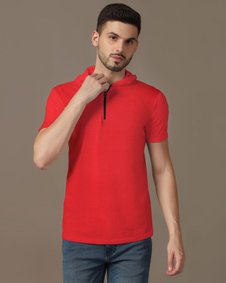 GEUM Solid Men Hooded Neck Red T-Shirt