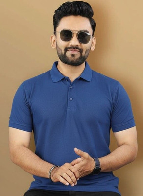 LumBit Solid Men Polo Neck Reversible Blue T-Shirt