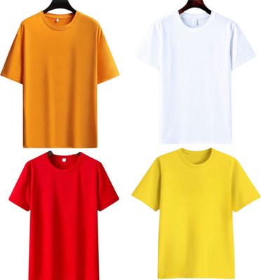 P collection Solid Men Round Neck White, Red, Yellow, Orange T-Shirt