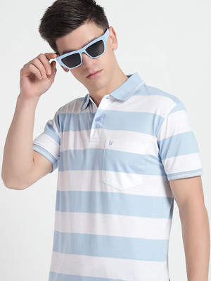UNNIBERRY Striped Men Polo Neck Light Blue T-Shirt