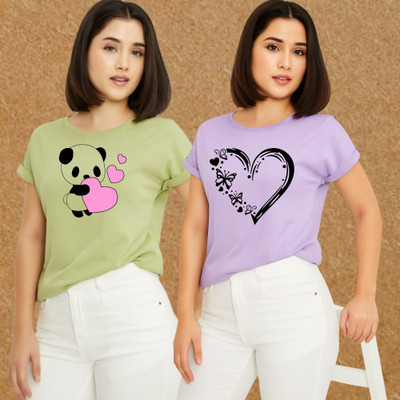 Kasendra Printed Women Round Neck Green, Purple T-Shirt