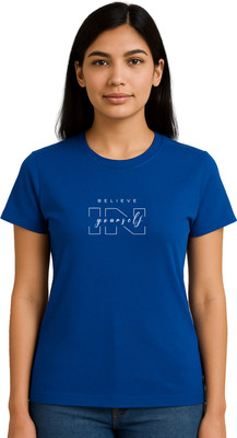 Buddy Collection Typography, Graphic Print Women Round Neck Dark Blue T-Shirt