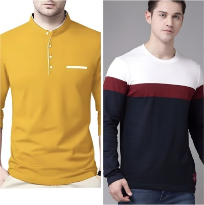 Oishee Solid Men Mandarin Collar Yellow, White T-Shirt