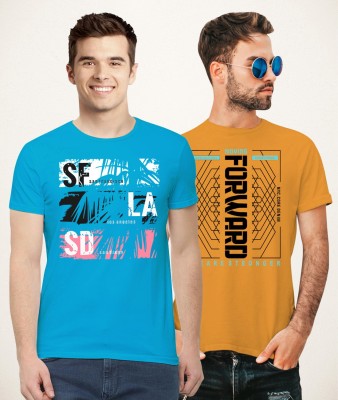 MAGNUM Printed Men Round Neck Blue, Orange T-Shirt