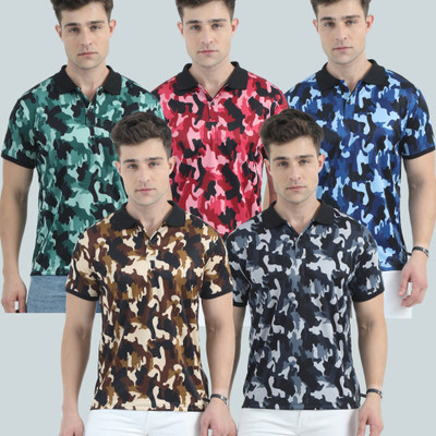 GREEN WILD Printed Men Polo Neck Multicolor T-Shirt