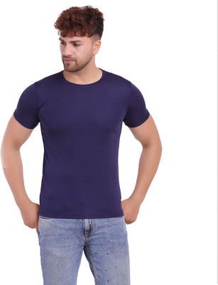 KASPY Solid Men Round Neck Navy Blue T-Shirt