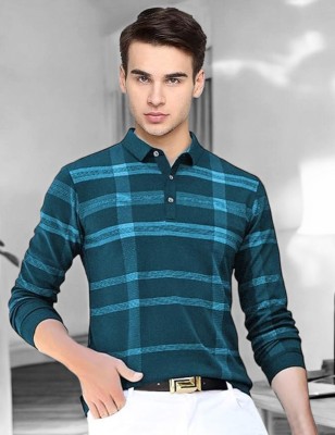 Autna Checkered Men Polo Neck Blue T-Shirt