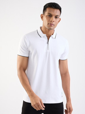 Spykar Solid Men Polo Neck White T-Shirt