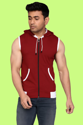 VASTRAART Solid Men Hooded Neck Maroon, White T-Shirt