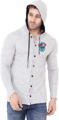 GEUM Self Design Men Hooded Neck Grey T-Shirt