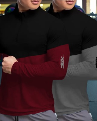 GARBLY Colorblock Men Henley Neck Maroon T-Shirt