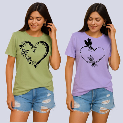 Lecowar Graphic Print Women Round Neck Green, Purple T-Shirt