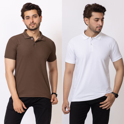 HILFIRE REGION Solid Men Polo Neck White, Brown T-Shirt