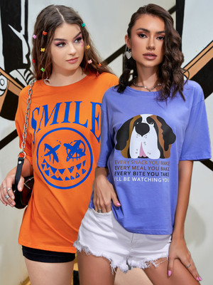 SYDNEY HILLS Printed Women Round Neck Purple, Orange T-Shirt