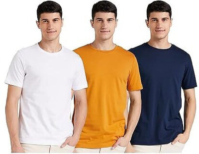 P collection Solid Men Round Neck Yellow, Navy Blue, White T-Shirt
