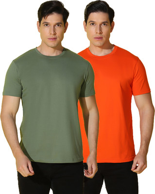 WOOSTRO Solid Men Round Neck Green, Orange T-Shirt