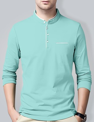 Oosh Solid Men Mandarin Collar Light Blue T-Shirt