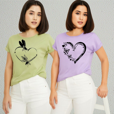 Lecowar Printed Women Round Neck Green, Purple T-Shirt